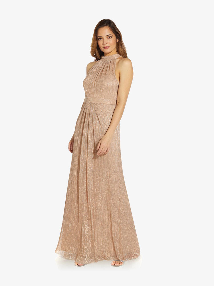 Adrianna Papell Metallic Mesh Gown Champagne Gold
