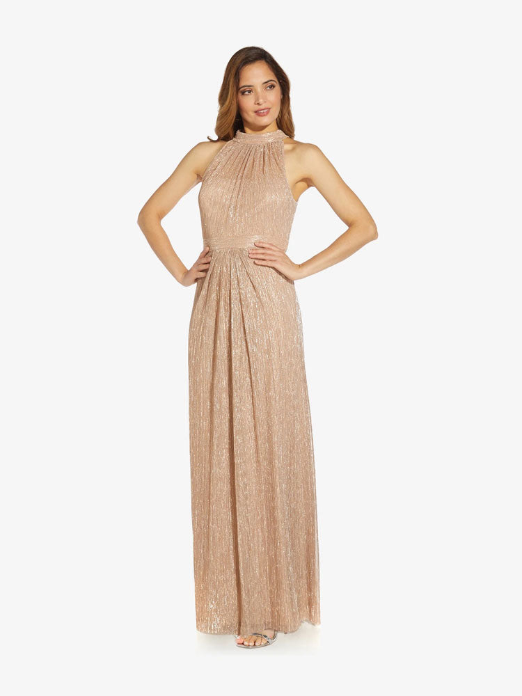 Adrianna Papell Metallic Mesh Gown Champagne Gold