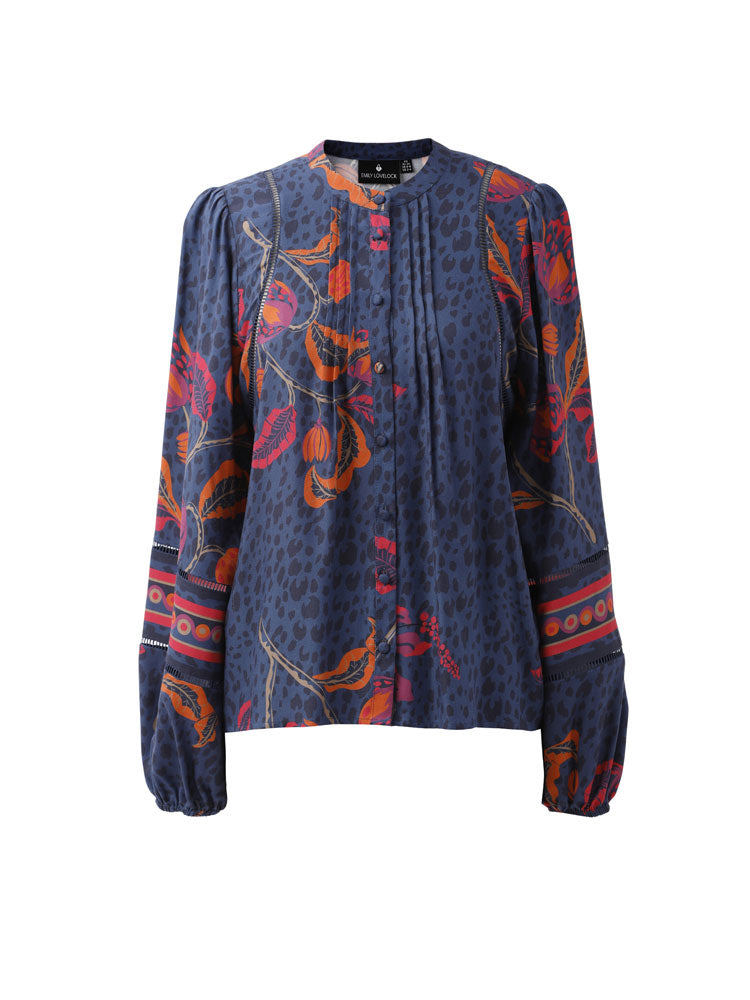 Emily Lovelock Martha Print Blouse Navy