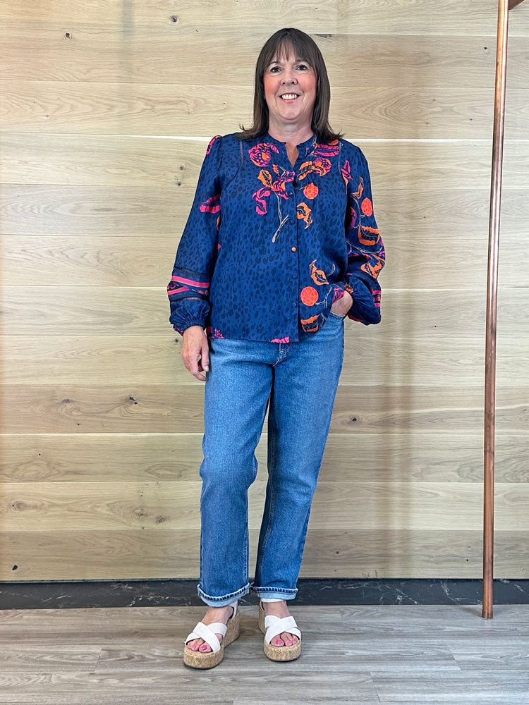 Emily Lovelock Martha Print Blouse Navy