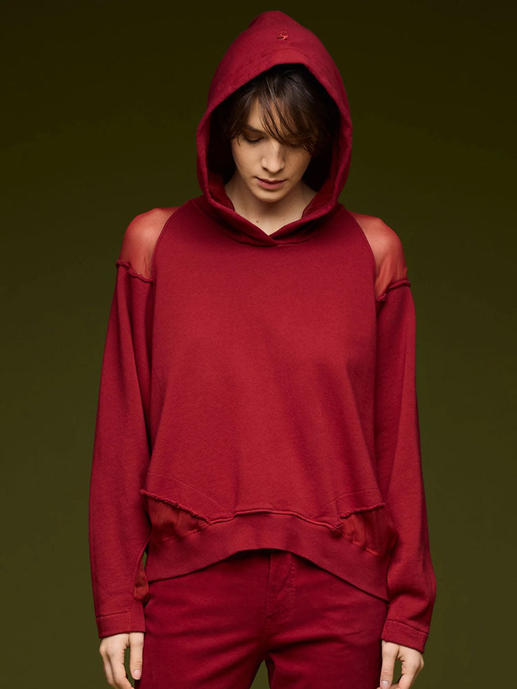 European Culture Hooded Sweatshirt with Sheer Panels Bordeaux