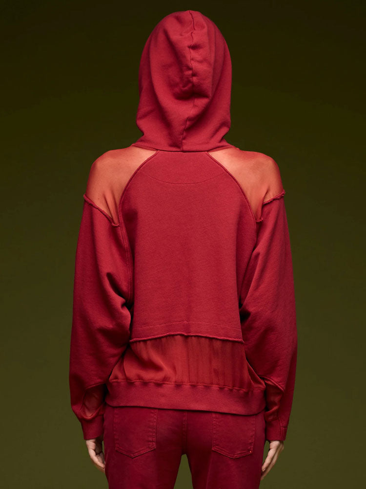 European Culture Hooded Sweatshirt with Sheer Panels Bordeaux