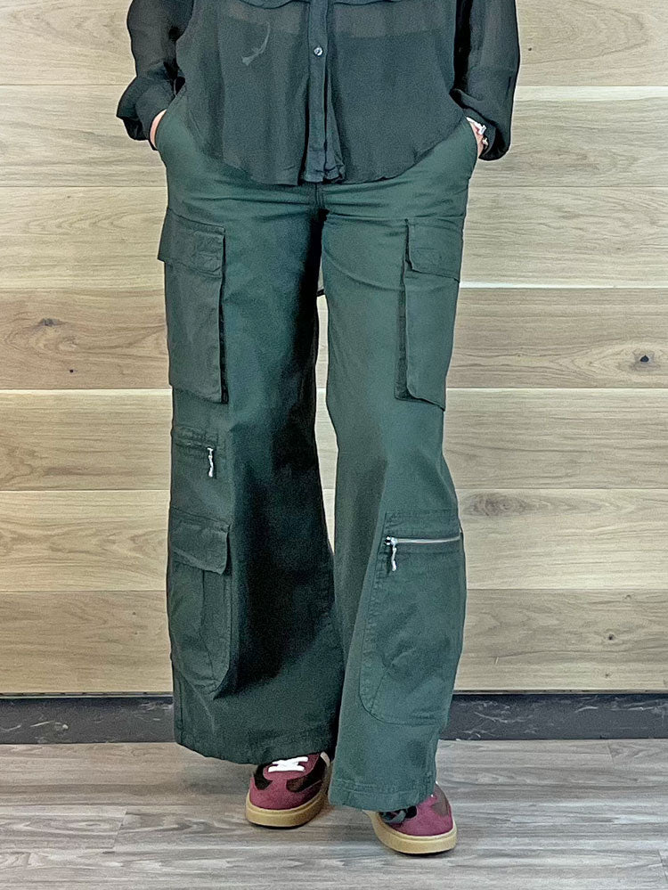 European Culture Wide Leg Cargo Trousers Green