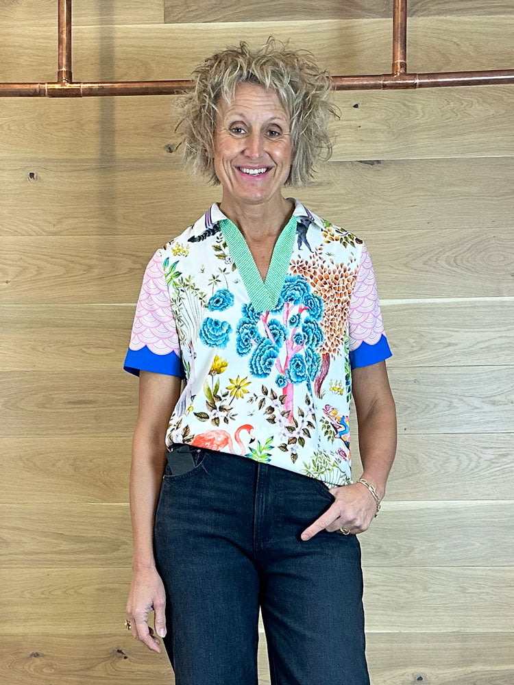 Herzen Silk Short Sleeve Collar Top Super Multi