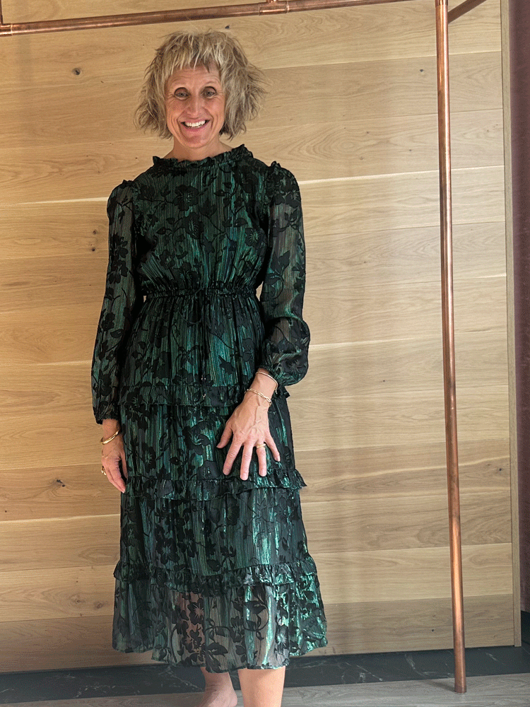 Emily Lovelock Maxine Lurex Jacquard Dress Green Black