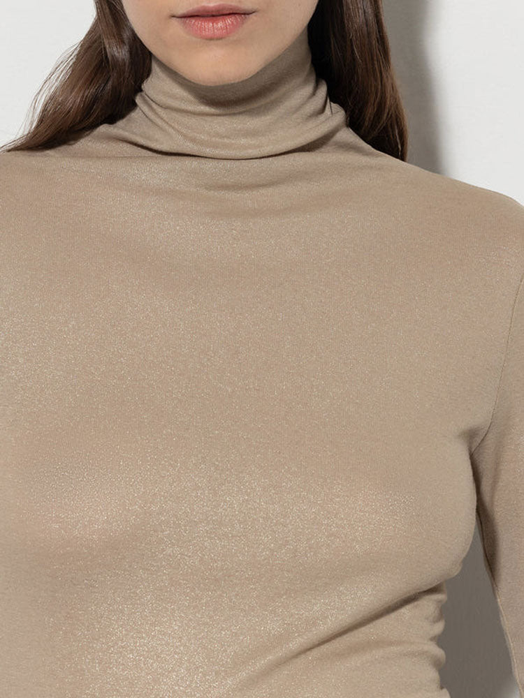 Luisa Cerano Glitter Turtleneck Top Soft Camel