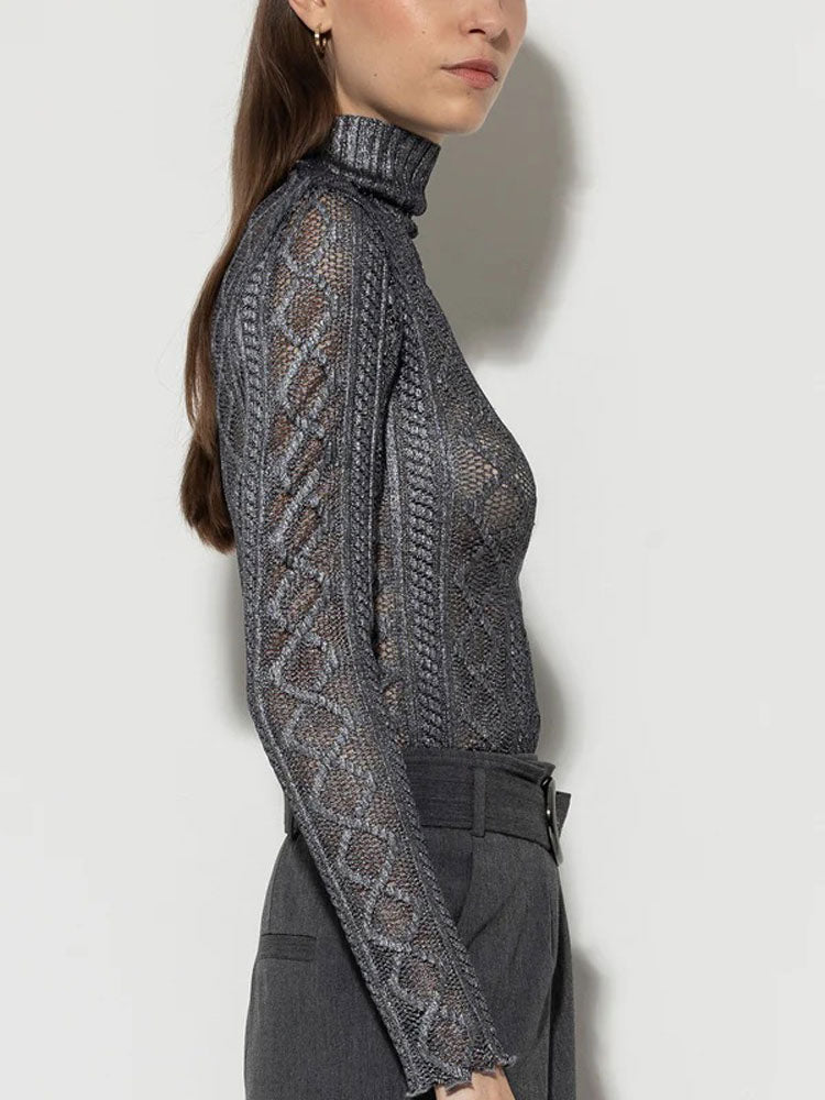 Luisa Cerano Turtleneck Top in Lace Dark Grey