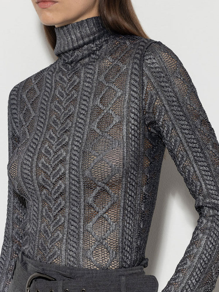 Luisa Cerano Turtleneck Top in Lace Dark Grey