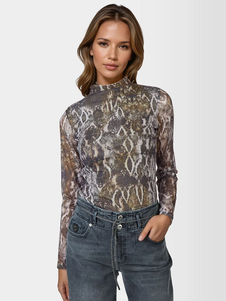Marc Aurel Snake Print Mesh Top Khaki