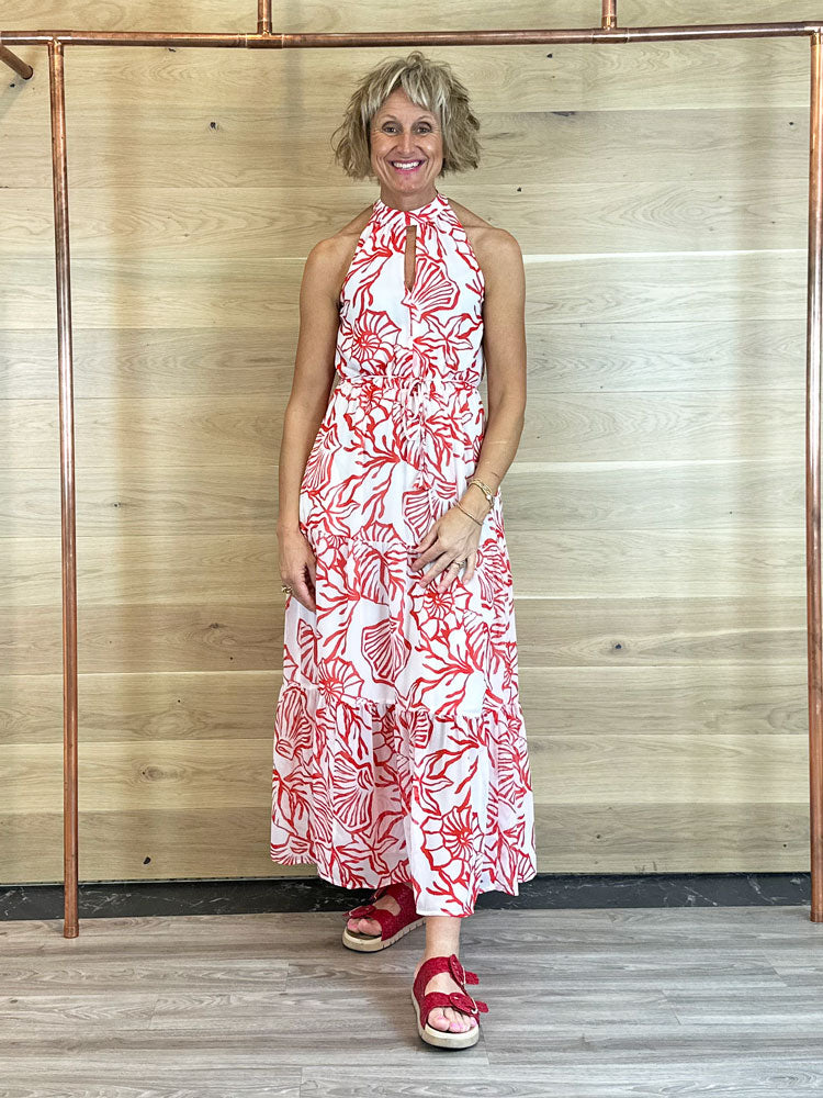 Oui Shell Print Dress Red &amp; White