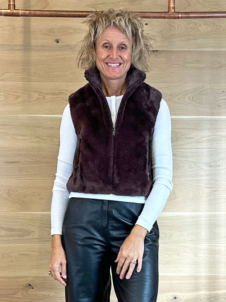 Rino & Pelle Nikki Faux Fur Waistcoat Chocolate Bean