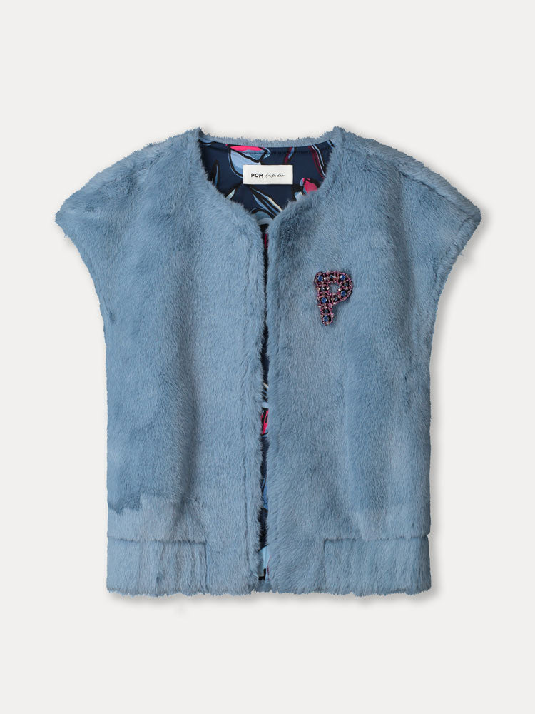 Pom Faux Fur Gilet Blue