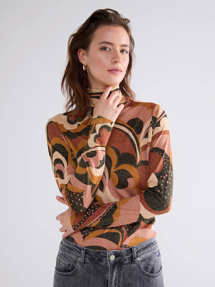 Summum Sparkle Roll Neck Top with Floral Print