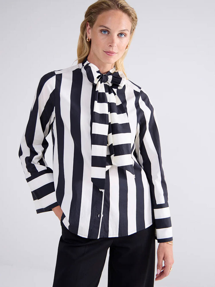 Summum Stripe Printed Blouse with Bow Black &amp; Ivory