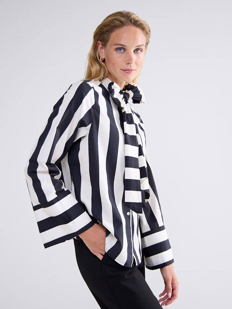 Summum Stripe Printed Blouse with Bow Black &amp; Ivory