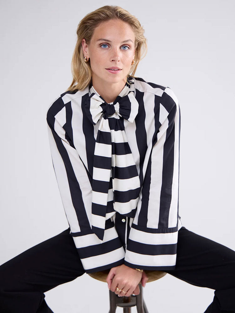 Summum Stripe Printed Blouse with Bow Black &amp; Ivory