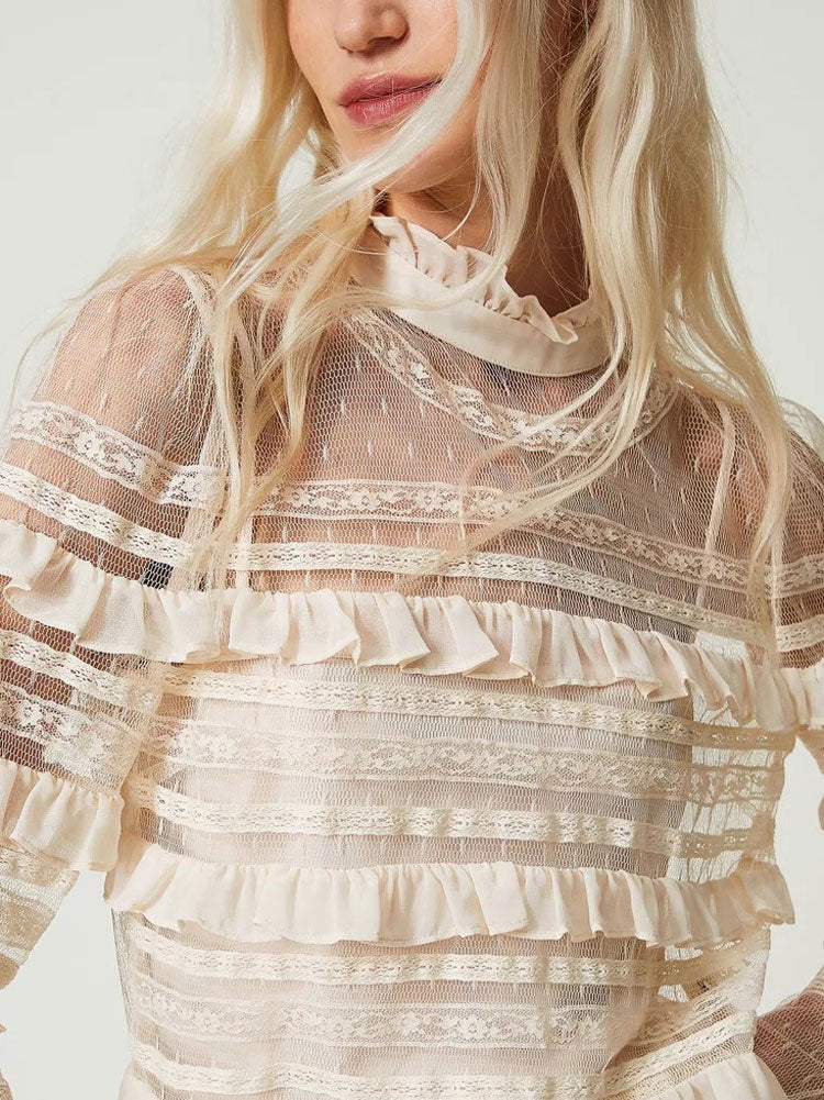 Twinset Plumetis Tulle and Lace Blouse Ivory