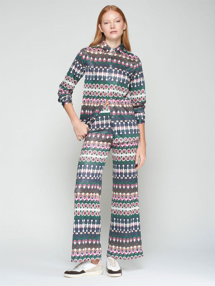 Vilagallo Geometric Print Lurex Shirt Green