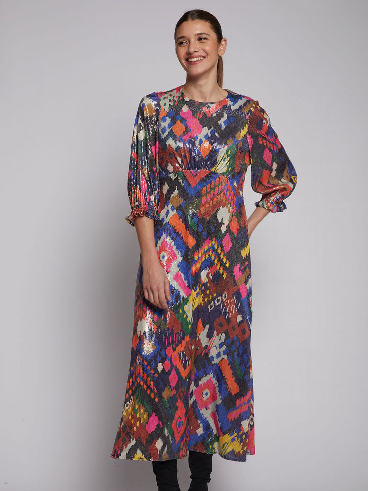 Vilagallo Kara Dress Ikat Sequins Print