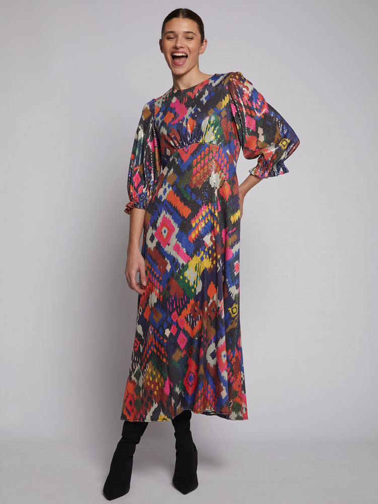 Vilagallo Kara Dress Ikat Sequins Print