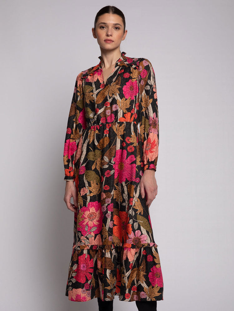 Vilagallo Theresa Dress Floral Coral Camel Print