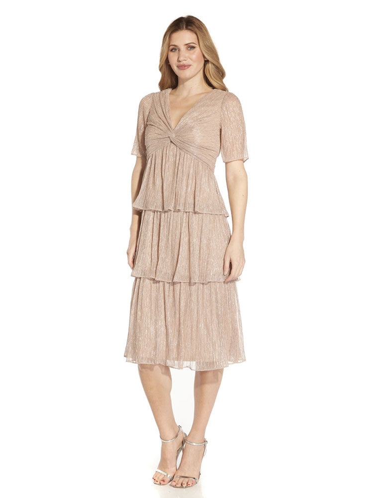 Adrianna Papell Metallic Mesh Tier Dress Taupe