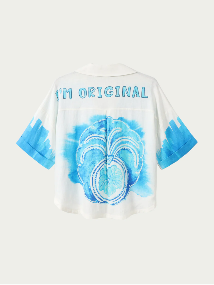 Me369 Aria Cropped Linen Shirt Blue