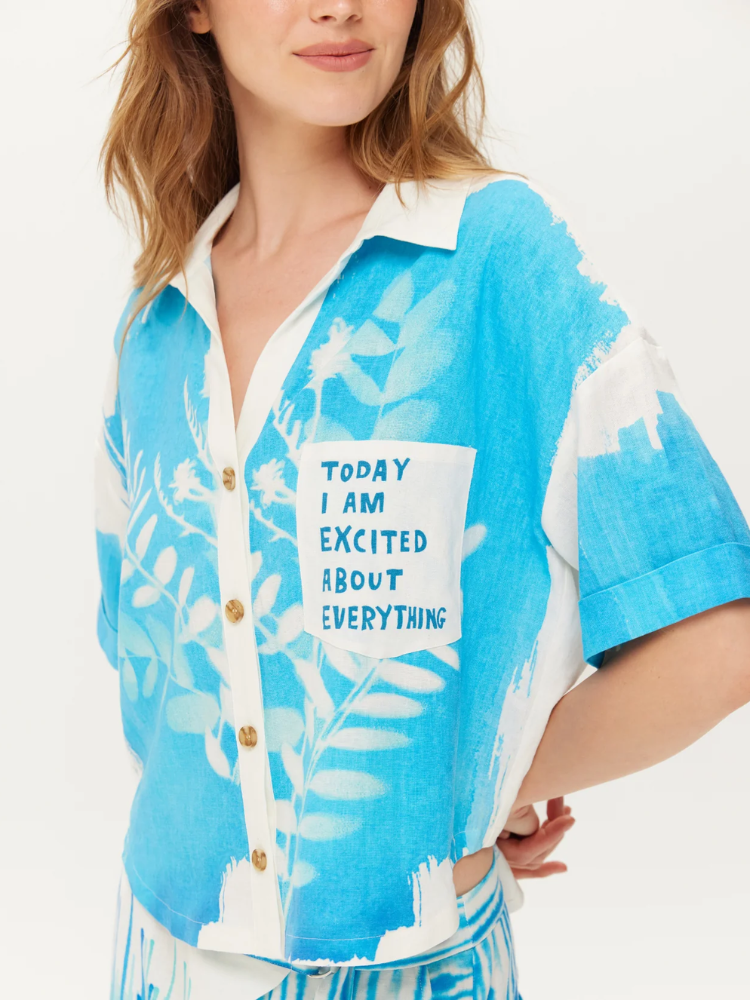 Me369 Aria Cropped Linen Shirt Blue