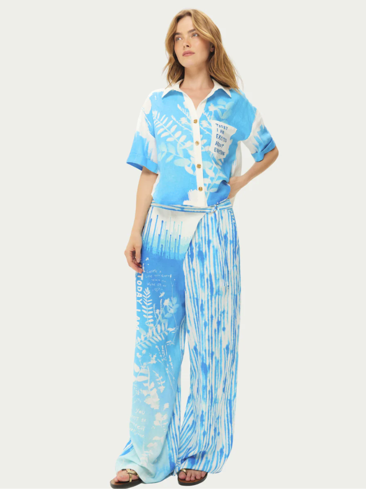 Me369 Aria Cropped Linen Shirt Blue