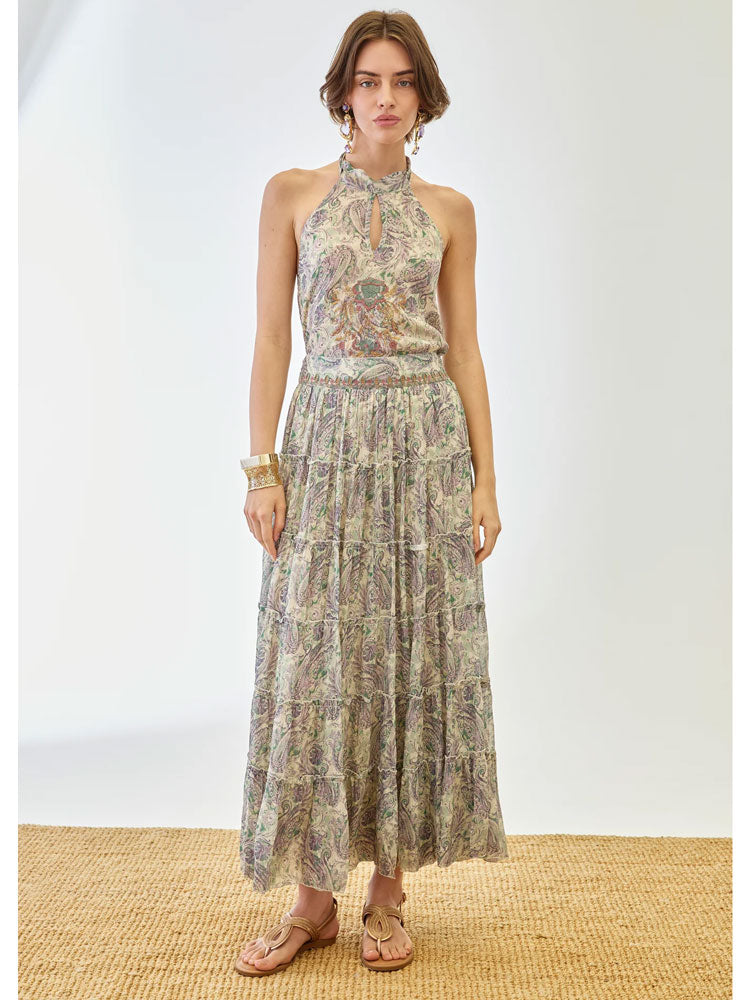 Nekane Paisley Printed Midi Skirt with Honeycomb Waistband