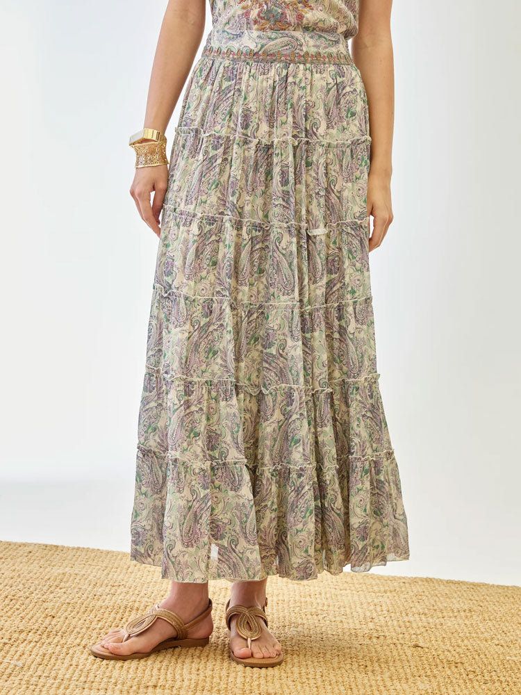 Nekane Paisley Printed Midi Skirt with Honeycomb Waistband