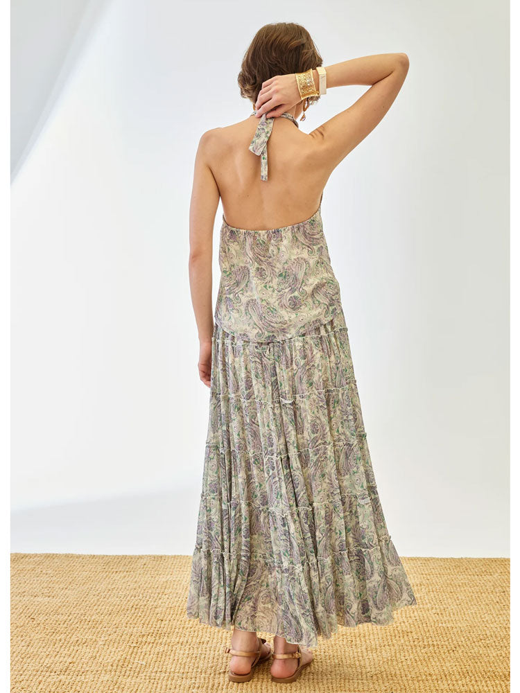 Nekane Paisley Printed Midi Skirt with Honeycomb Waistband