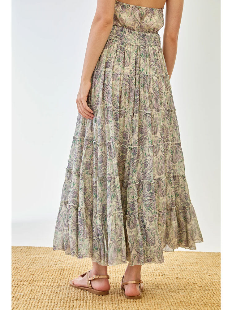 Nekane Paisley Printed Midi Skirt with Honeycomb Waistband