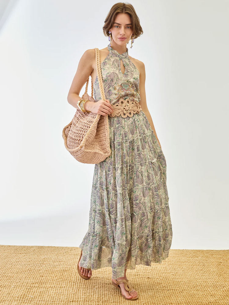 Nekane Paisley Printed Midi Skirt with Honeycomb Waistband