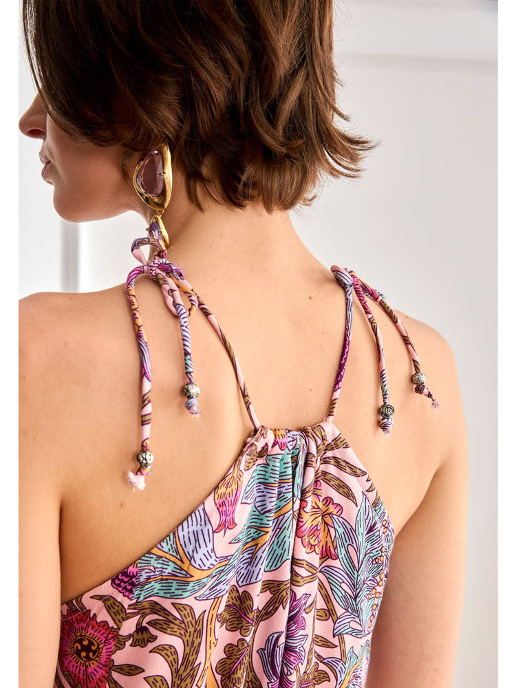 Nekane Long Floral Print Halterneck Dress Magenta