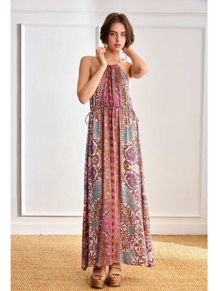 Nekane Long Floral Print Halterneck Dress Magenta