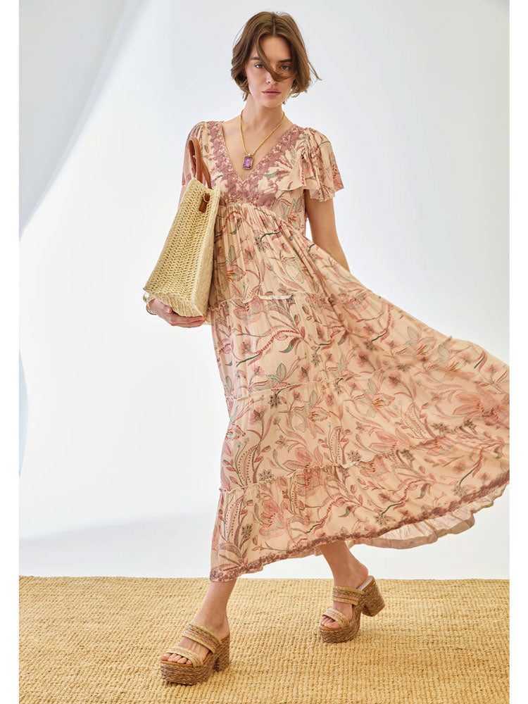 Nekane Long Dress with Embroidered Neckline Rose