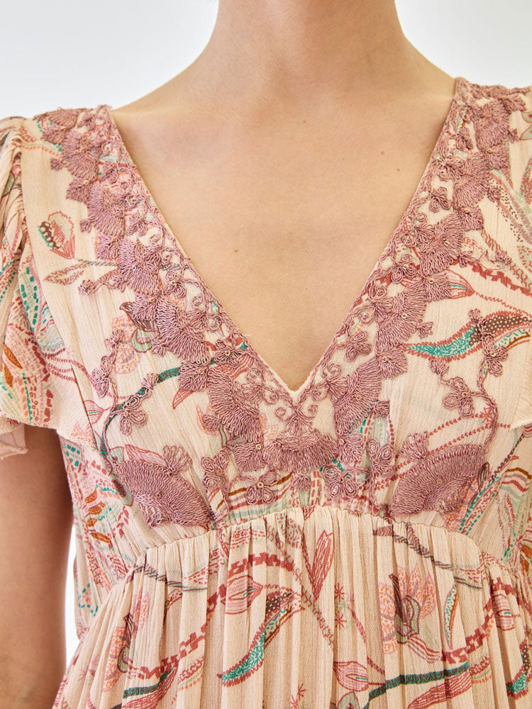 Nekane Long Dress with Embroidered Neckline Rose