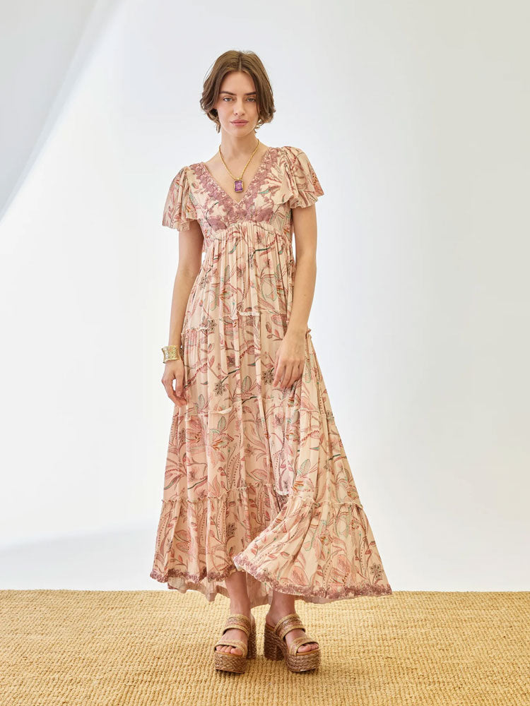 Nekane Long Dress with Embroidered Neckline Rose