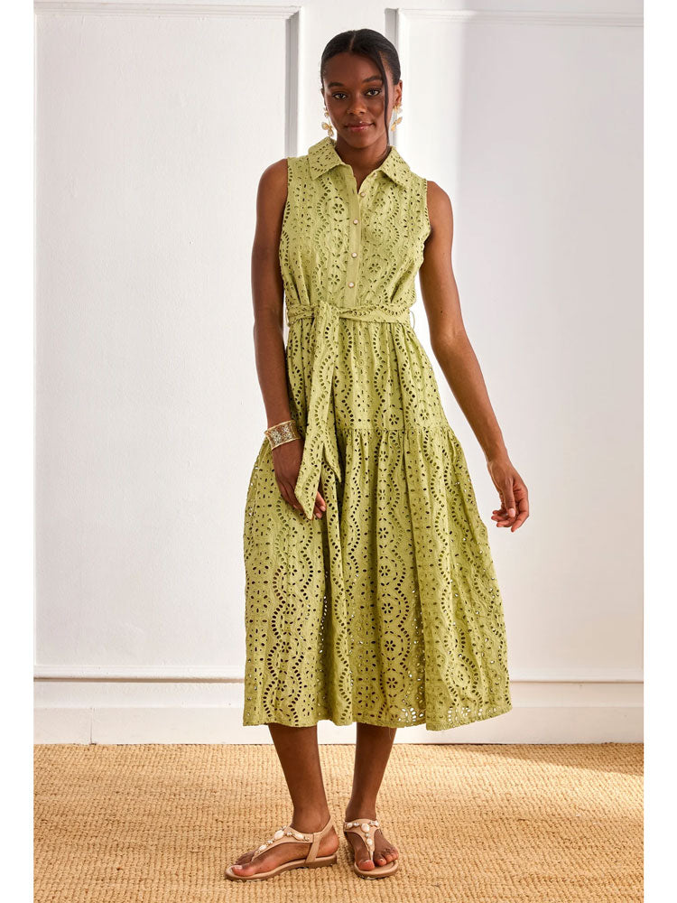 Nekane Long Cotton Embroidery Dress Green