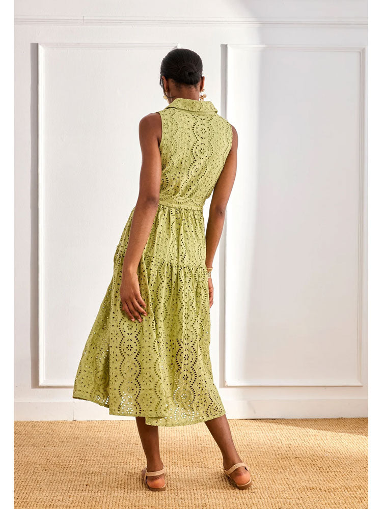 Nekane Long Cotton Embroidery Dress Green