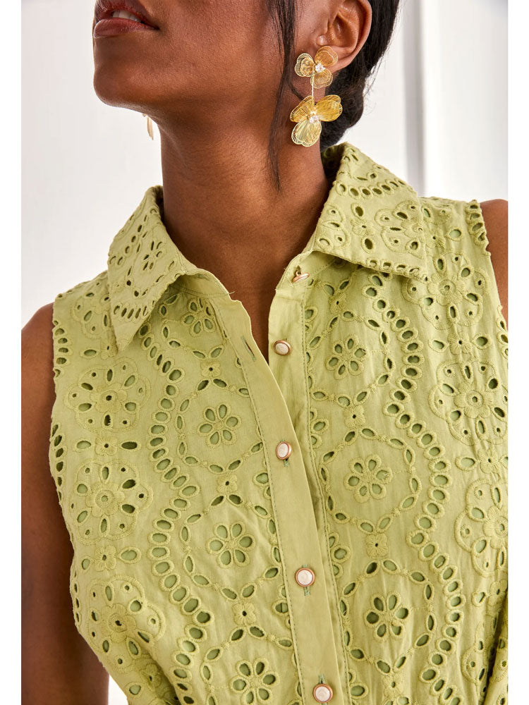 Nekane Long Cotton Embroidery Dress Green