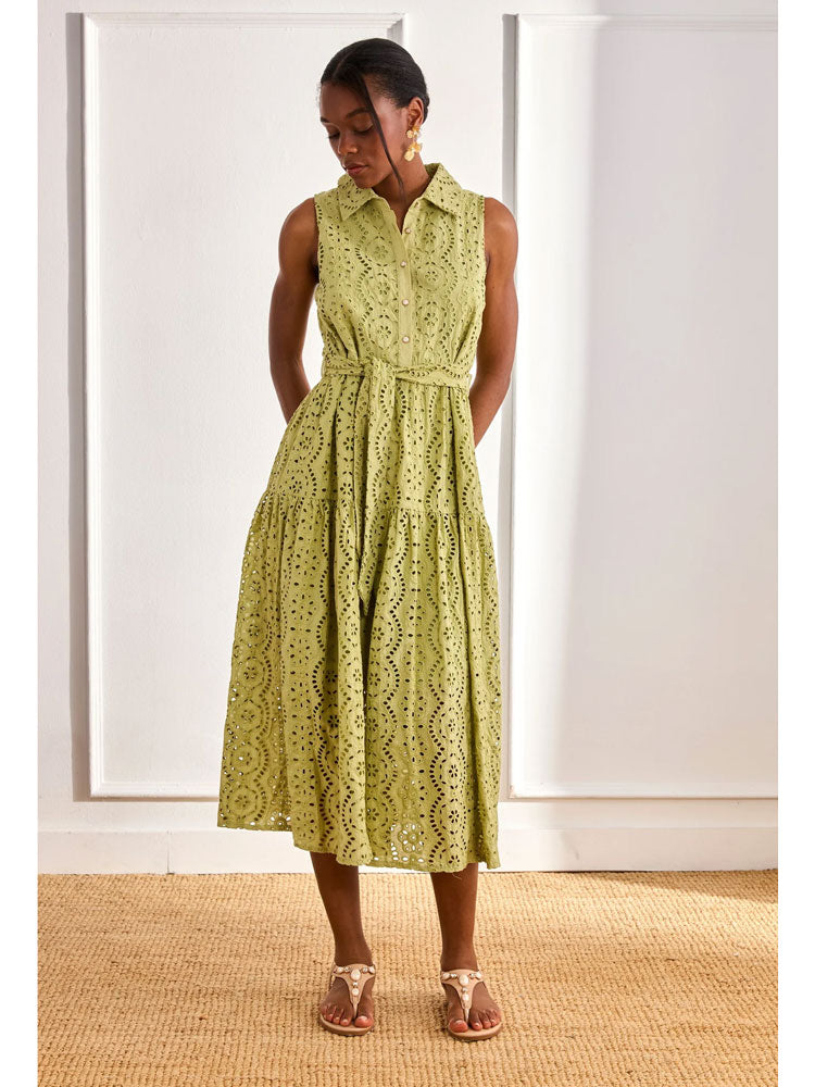 Nekane Long Cotton Embroidery Dress Green