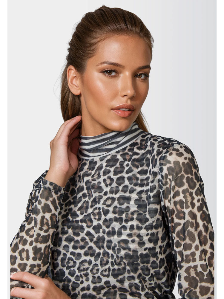 Marc Aurel Contrast Stripe Mesh Roll Neck Leopard