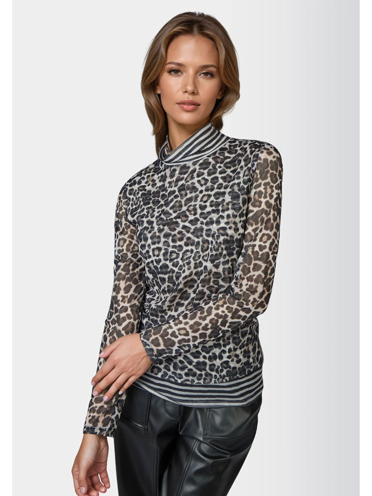 Marc Aurel Contrast Stripe Mesh Roll Neck Leopard