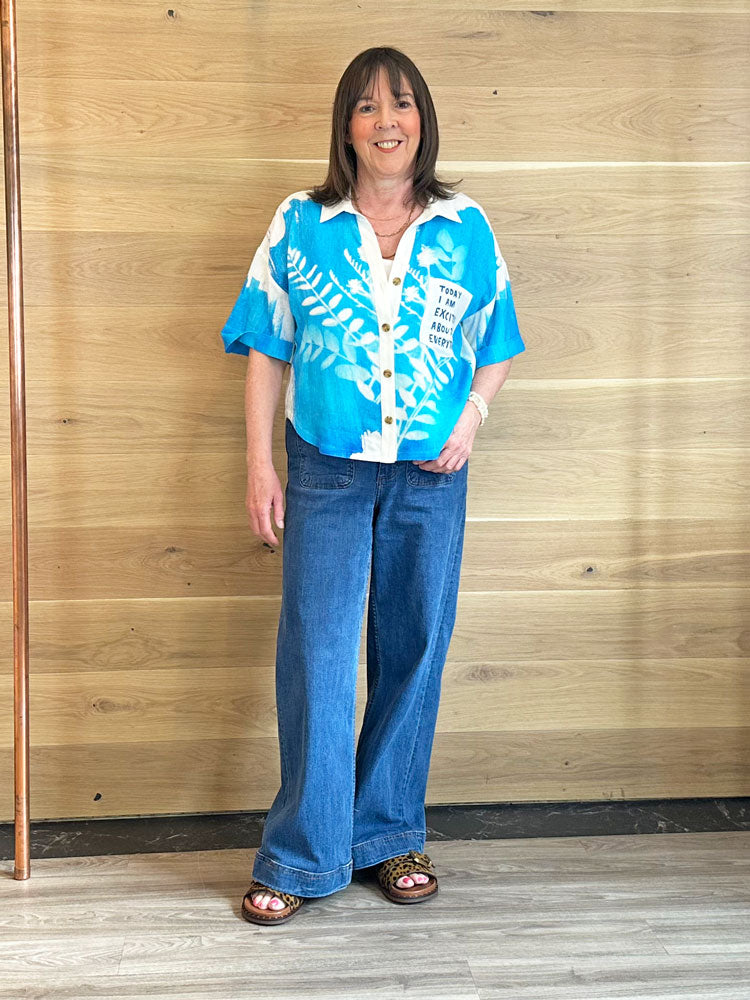 Me369 Aria Cropped Linen Shirt Blue