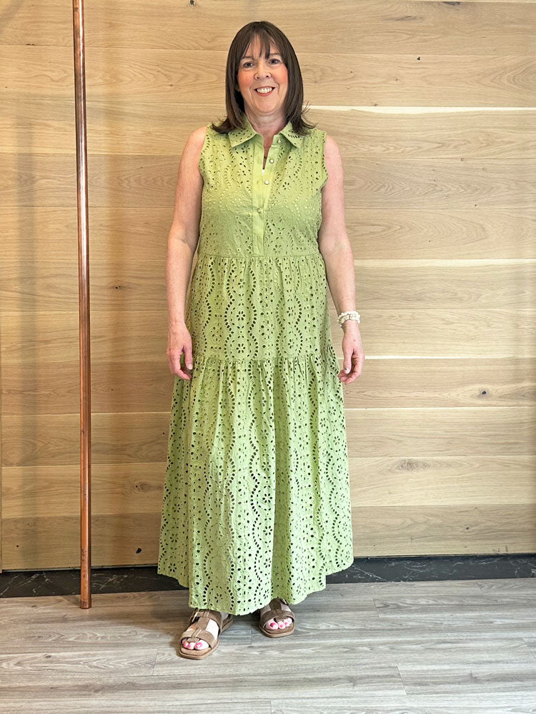 Nekane Long Cotton Embroidery Dress Green