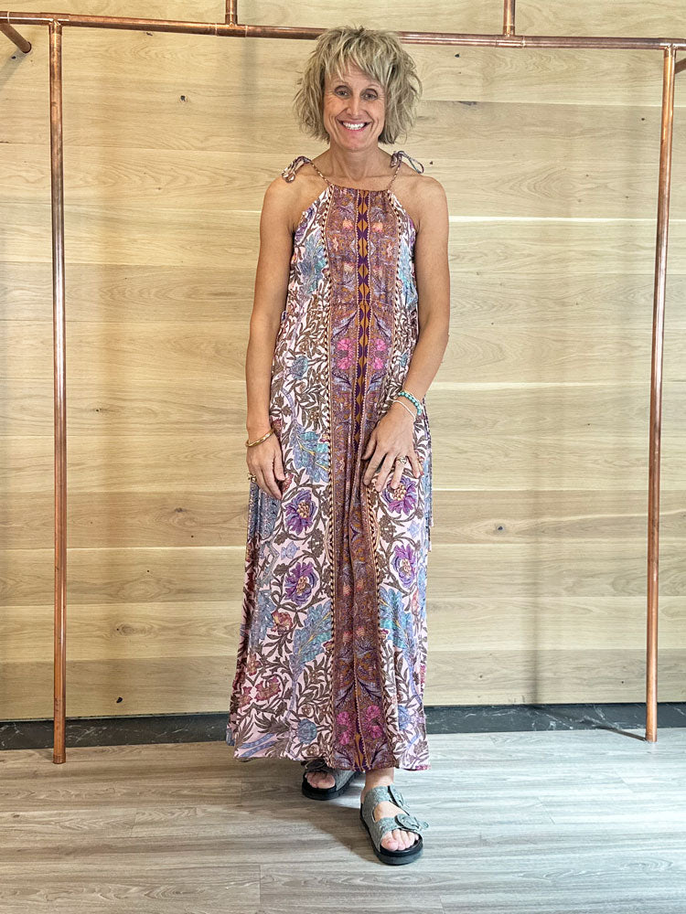 Nekane Long Floral Print Halterneck Dress Magenta
