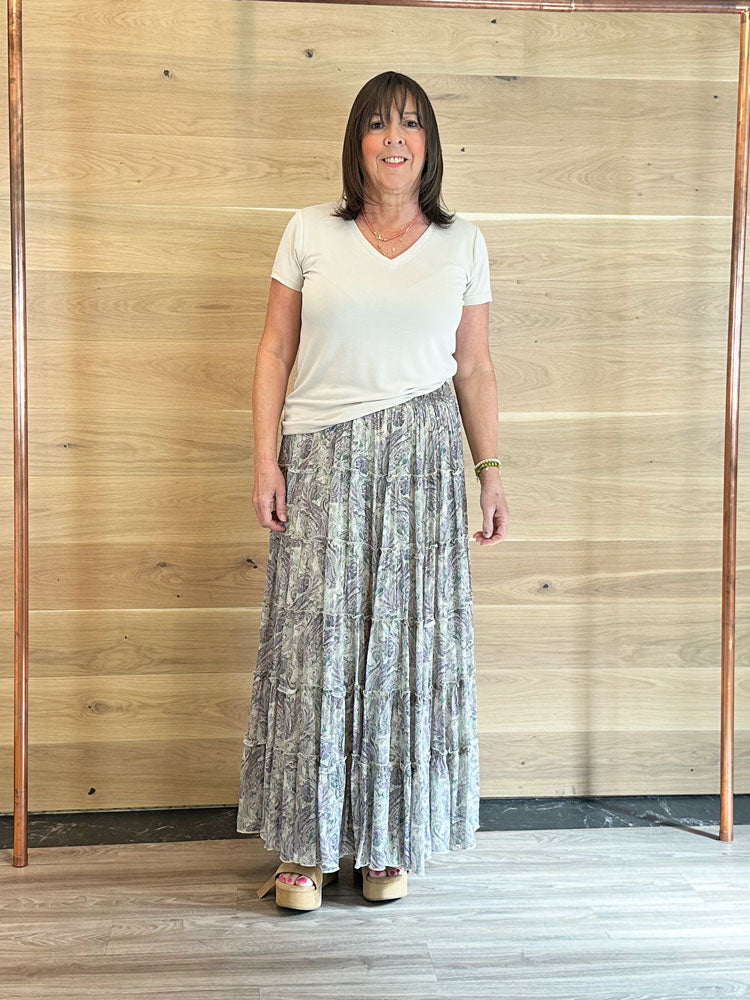 Nekane Paisley Printed Midi Skirt with Honeycomb Waistband