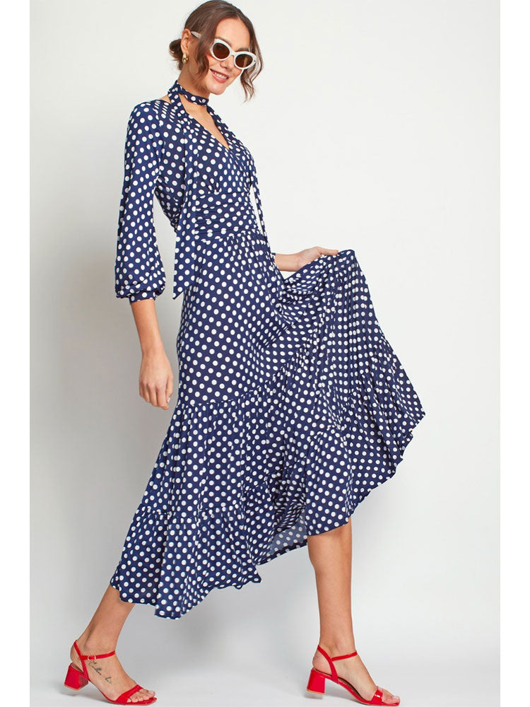 Onjenu Faye Maxi Dress Polka Dot Navy